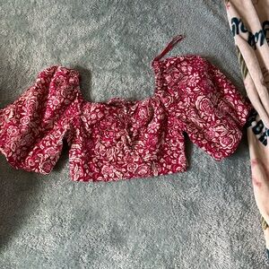 Japna Pink Floral Crop Top with Puff Sleeves
